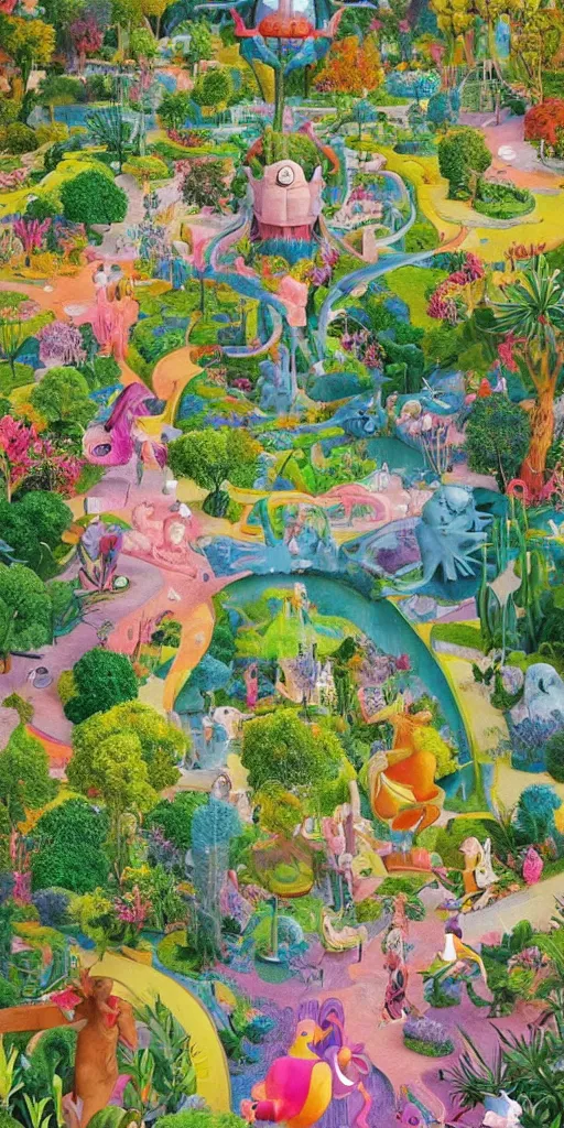 Image similar to bosch and beeple!!!!!!! ( ( ( ( ( ( ( and lisa frank ) ) ) ) ) ) ) painting of a magnificent garden filled with remarkable sculptures, trees, and structures, incredible details