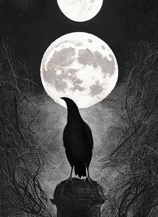 Image similar to portrait, A crow in front of the full big moon, book cover, red white and black colors, establishing shot, extremly high detail, foto realistic, cinematic lighting, pen and ink, intricate line drawings, by Yoshitaka Amano, Ruan Jia, Kentaro Miura, Artgerm, post processed, concept art, artstation, matte painting, style by eddie mendoza, raphael lacoste, alex ross