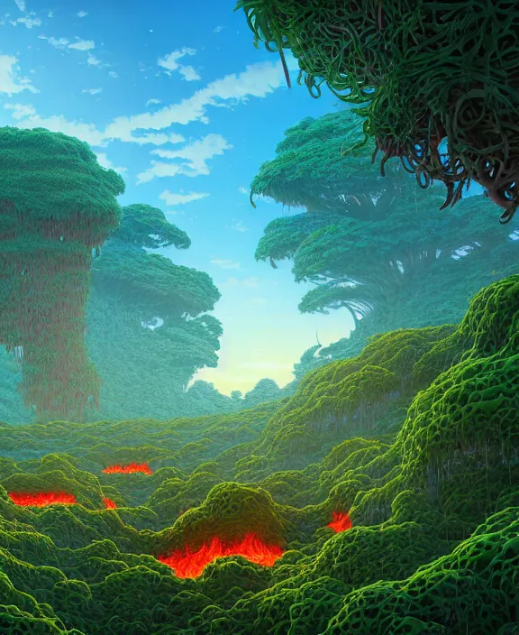 Image similar to simplicity, an simple structure made out of exotic fungus, overgrown with lush floral jungle, partly cloudy, hellscape, hell, fire, brimstone, lava, by dan mumford, yusuke murata, makoto shinkai, ross tran, cinematic, unreal engine, cel shaded, featured on artstation, pixiv