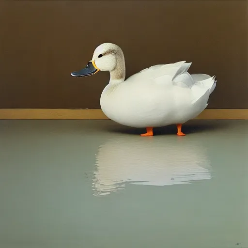 Prompt: a duck on the prowl oil painting elina brotherus