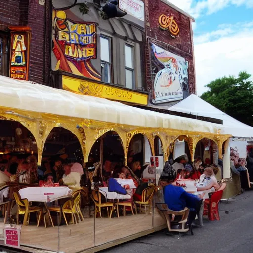 Image similar to restaurant festival in a small town, in the style of python anghelo, the comet, cyclone, pinball machine