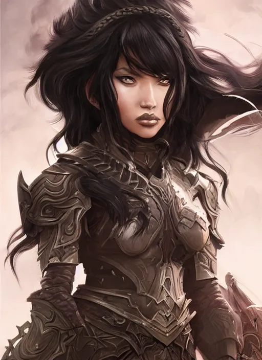 Image similar to beautiful warrior lady, black long hair, practical armor, brown skin, demonic eyes, low fantasy, extremely detailed, sharp focus, smooth, digital illustration, by rossdraws, frank franzzeta, sakimichan