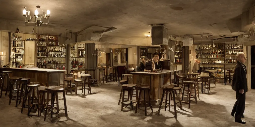 Prompt: an scenario close a bar designed for the director Roy Andersson movie