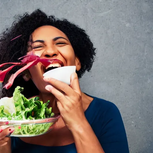 Prompt: a woman eating salad and laughing