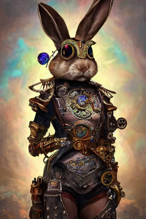 Prompt: ultra realist soft painting of a single steampunk rabbit warrior, very intricate details, rainbow lighting, reflectioons, refractions, symmetry accurate anatomy features, unreal render