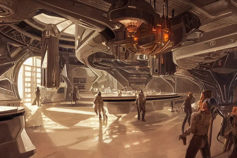 Image similar to ultra realistic illustration, empty cantina interior from star wars and star trek, intricate, elegant, highly detailed, nobodies, digital painting, artstation, concept art, smooth, sharp focus, illustration, art by artgerm and greg rutkowski and alphonse mucha