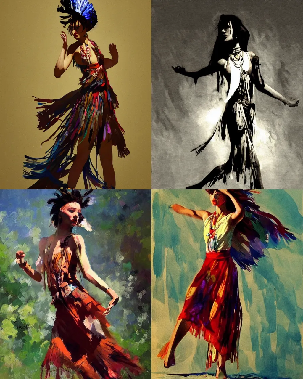 Prompt: shaman girl in boho dress, dynamic pose, dramatic light, artistic, painting by Walter Everett and Vanni Saltarelli