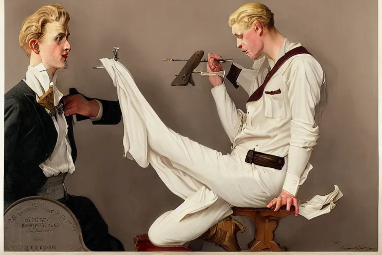 Prompt: Painting of lucius as a German tailor, long blond drill curls, delicate androgynous prince, pale milky white porcelain skin, by Leyendecker and Norman Rockwell