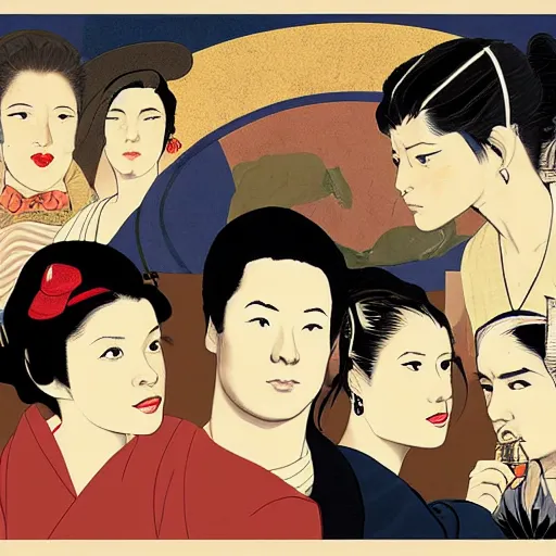 Image similar to cast of firefly, digital art, utamaro kitagawa mixed with banksy style