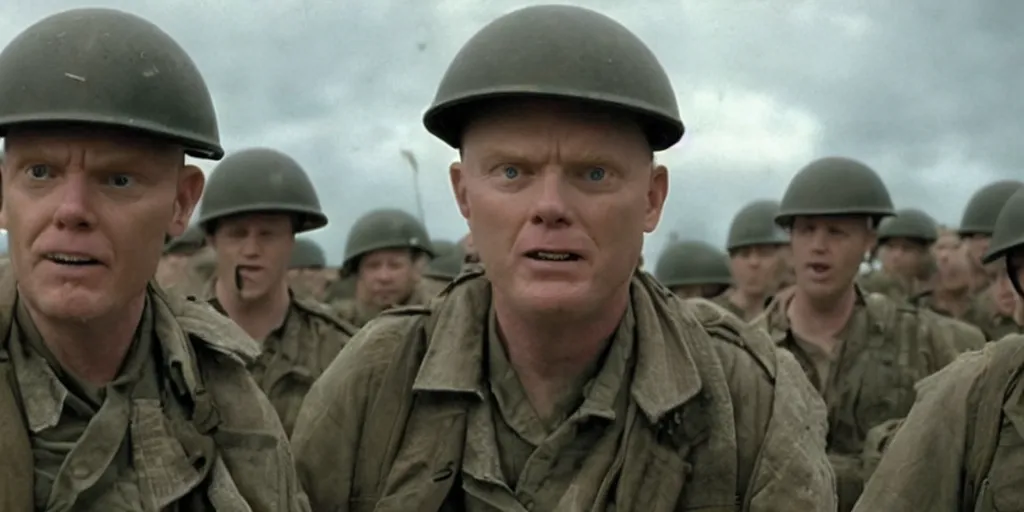 Image similar to a film still of Bill burr in saving private ryan, high quality