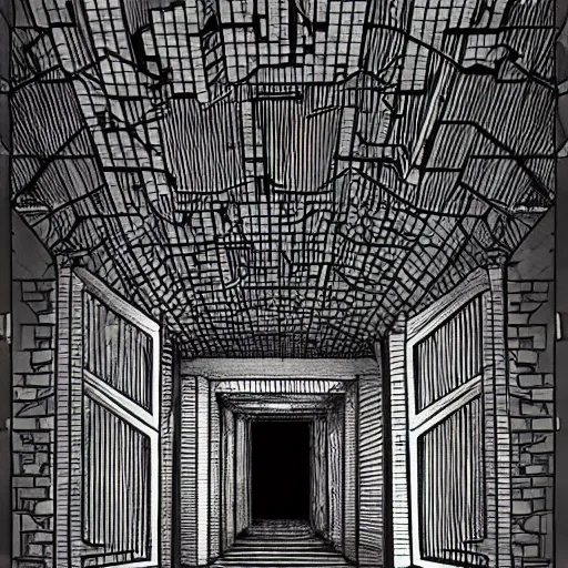 Image similar to a huge bright maze of many doorways and lots of stairs, many doorways, inside a giant mansion, artstation, Junji Ito, epic composition