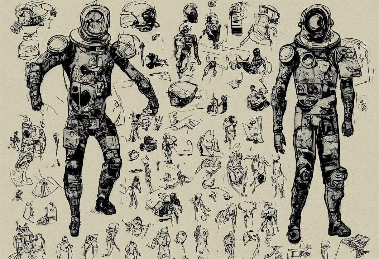 Image similar to male, heroic figure, space suit with a modern helmet, character sheet, science fiction, sketch, very stylized, digital art, illustration on kraft paper, shaded pen and ink, digital painting, by mike mignola, by alex maleev