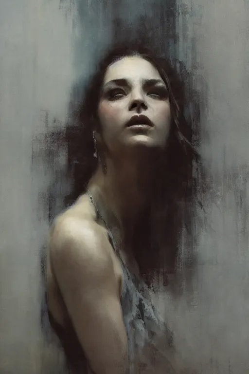 Image similar to detailed cinematic moody colors studio portrait of the melancholic memories of a sensual lady, high quality by jeremy mann, only one head single portrait