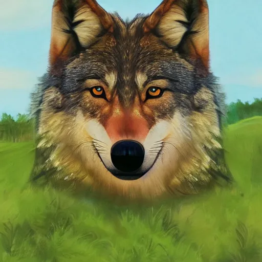 Image similar to Beautiful portrait of an anthro wolf wearing a cute summer outfit in green landscape