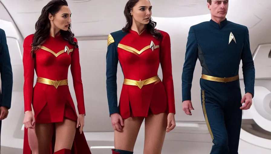 Image similar to Gal Gadot, wearing a red uniform, is the captain of the starship Enterprise in the new Star Trek movie