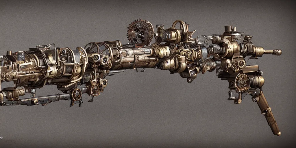 Image similar to steampunk machine gun, concept art, industrial design, detailed, 8 k, realistic, octane render, detailed cogwheels and metal parts, smooth curves