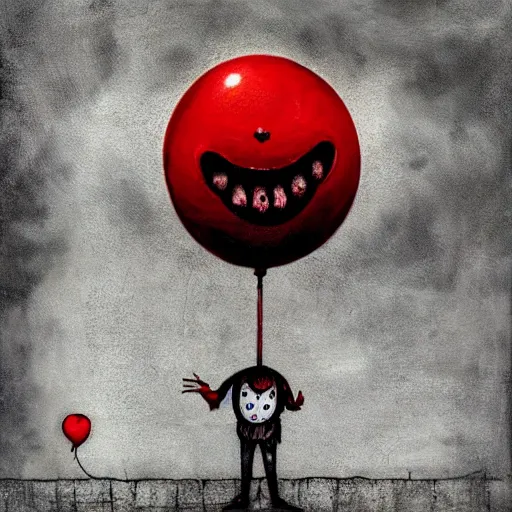 Prompt: grunge painting of creepy pasta with a wide smile and a red balloon by chris leib, loony toons style, pennywise style, corpse bride style, horror theme, detailed, elegant, intricate, conceptual, volumetric light