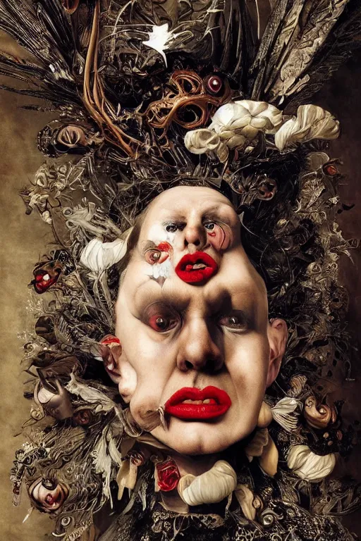 Prompt: Detailed maximalist portrait with large lips and with large white eyes, angry, exasperated expression, HD mixed media, 3D collage, highly detailed and intricate, surreal illustration in the style of Caravaggio, dark art, baroque