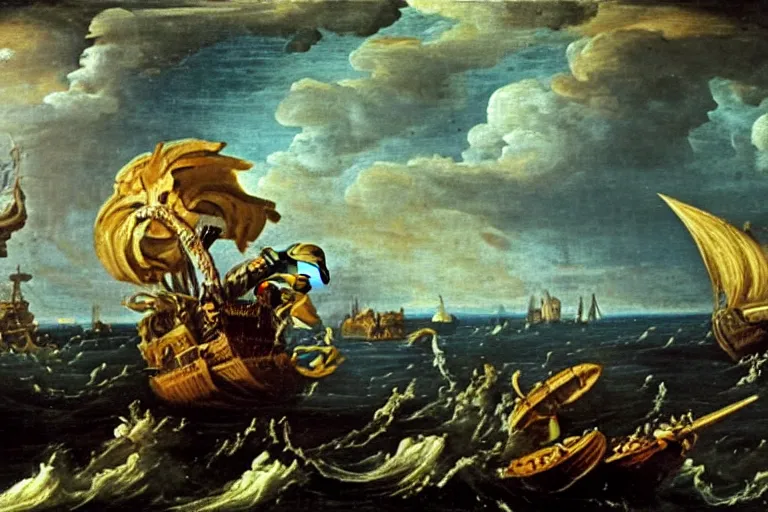 Image similar to A Kraken attacks a ship, Claude Lorrain (1648), oil on canvas, detailed brushstrokes