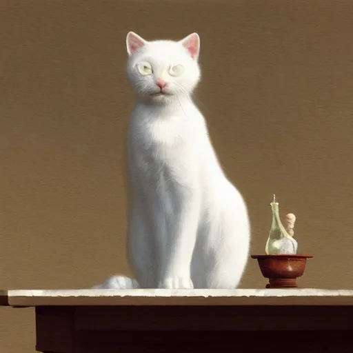 Prompt: A little white kitty sitting on a table, Graceful body structure,cute,Symmetrical face,highly detailed,elegant,Marc Simonetti and Caspar David Friedrich, Trending on artstation