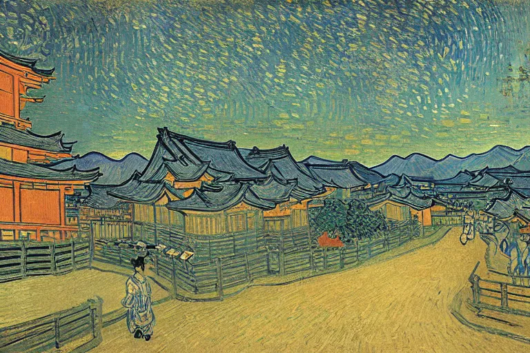 Image similar to japanese scenery in edo period, by vincent van gogh, high saturation