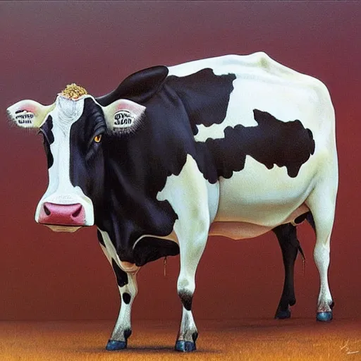 Image similar to photorealistic cow with cat head by Esao Andrews , Zdzislaw Beksinski