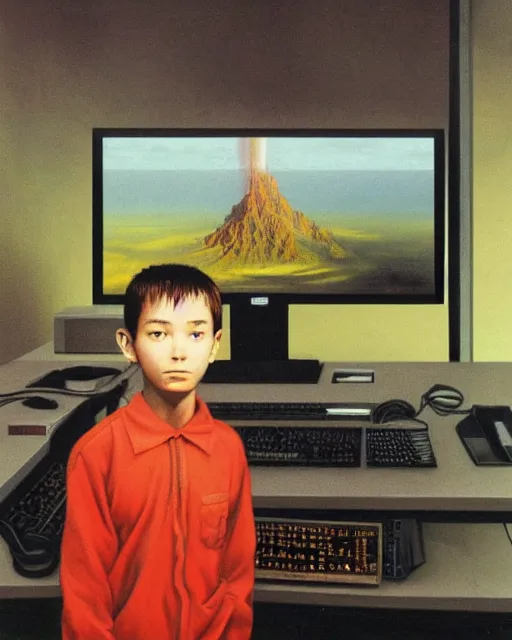 Image similar to 8k professional photo of an 8 years old boy standing in front of a computer from 90s with a game doom2 at the monitor screen, Beksinski impasto painting, part by Adrian Ghenie and Gerhard Richter. art by Takato Yamamoto, masterpiece