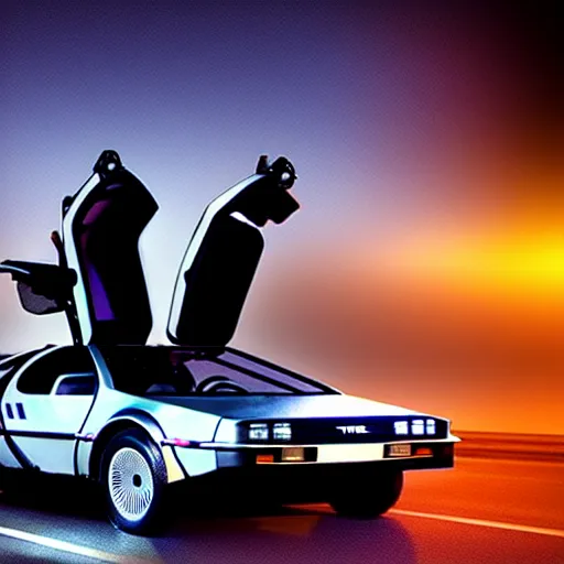 Prompt: futuristic delorean time machine at night in the rain driving on the highway