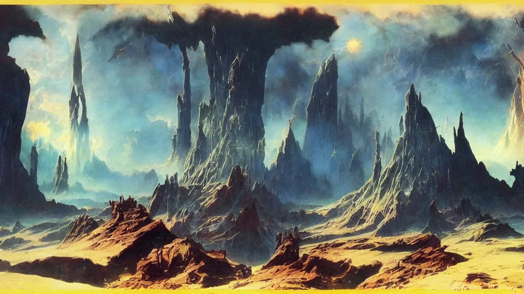 Image similar to journey to the center of the universe by frank frazetta and bruce pennington, cinematic matte painting