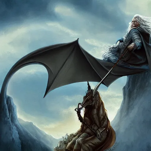 Image similar to gandalf riding a dragon, highly detailed, digital art