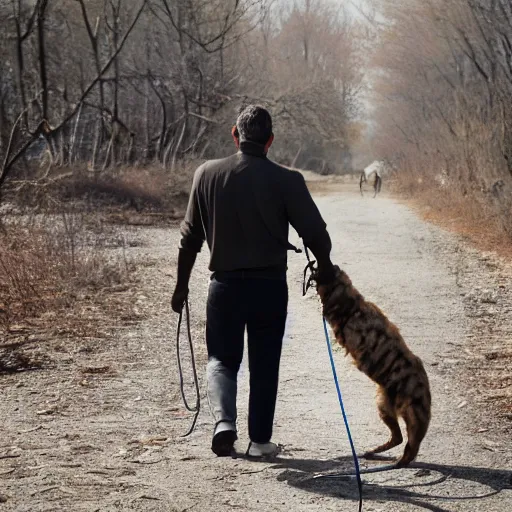 Image similar to photo of a man walking a bizarre creature on a leash like a dog