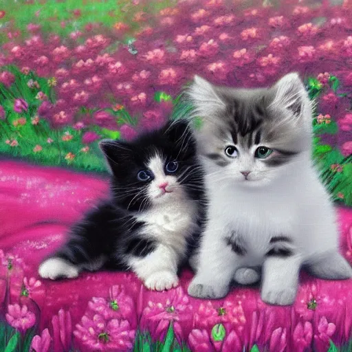 Prompt: cute fluffy animal friends puppy and kitten together in field of flowers detailed painting 4k