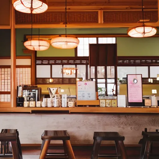 Image similar to a warmly lit photograph of the interior of a japanese style coffee shop named'arizona ', realistic