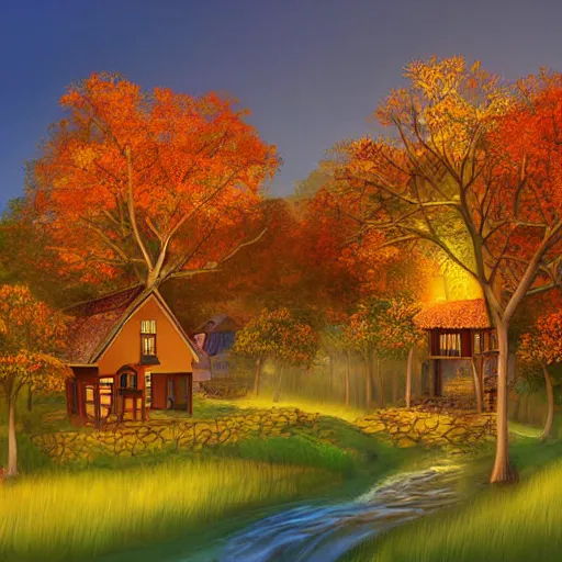 Prompt: a village full of tree houses nestled in a forest, golden hour, autumn leaves, realistic high quality art digital art