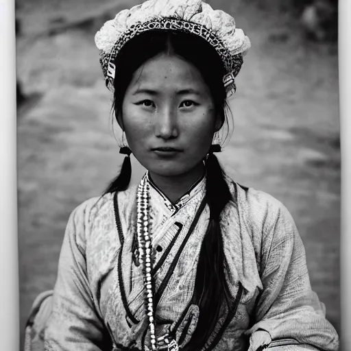 Image similar to a Sebastião Salgado's photograph of portrait a tibetan young woman wearing a traditional dress looking at the camera, high quality, award wining, 4k