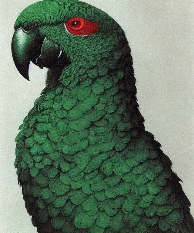 Image similar to beautiful emerald green parrot with red aura and eyes, by zdzisław beksinski, by gustave dore