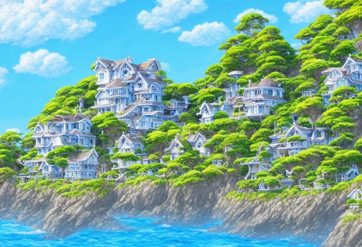 Image similar to a beautiful ultradetailed painting of a seaside house, sunny, close shot, studio ghibli sunlight, archdaily, wallpaper, highly detailed, trending on artstation