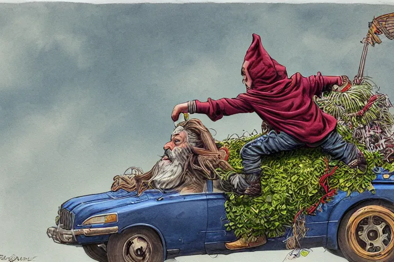 Image similar to a highly detailed garden gnome hanging off the back of a car in full speed, trying to hold on, desperate, wide angle, an ultrafine detailed painting by p. craig russell and barry windsor - smith, trending on deviantart, octane, masterpiece