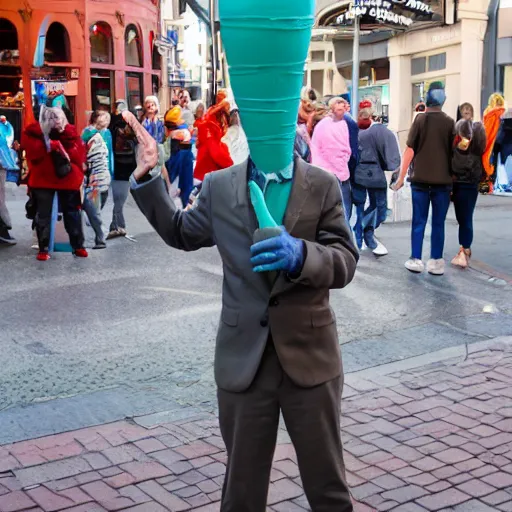 Prompt: Conehead Milhouse street performer