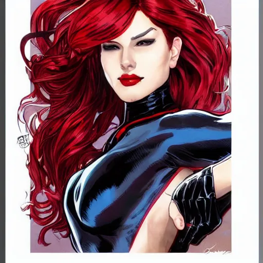 Image similar to catwoman in the style of spiderman, spiderman patterns, red and blue, long red wavy red hair by artgerm and greg rutkowski and alphonse mucha