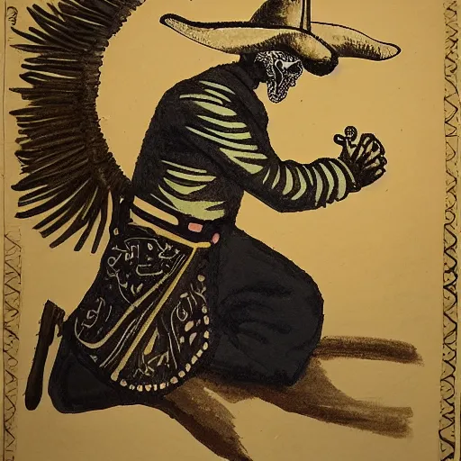 Prompt: skullfaced mexican vaquero kneeling for prayer, calligraphy, mosque dome shape, persian folklore illustration