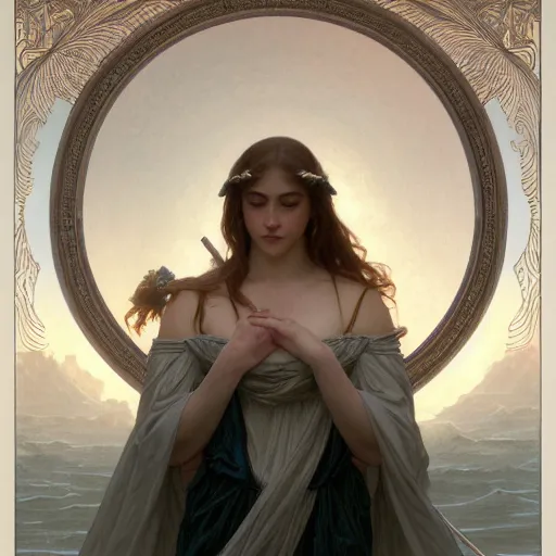 Image similar to portrait of a maiden on the river styx, top view, intricate, elegant, highly detailed, digital painting, artstation, concept art, smooth, sharp focus, illustration, art by artgerm and greg rutkowski and alphonse mucha and william - adolphe bouguereau