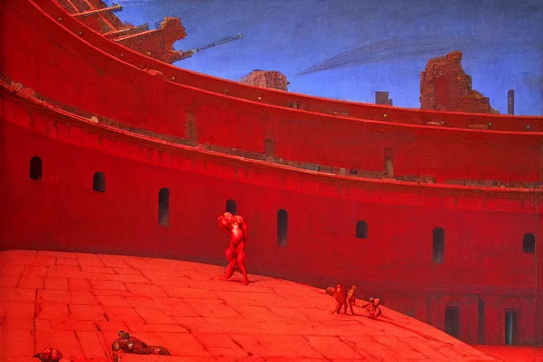 Image similar to only with red, a red gladiator in a crowded roman amphitheatre, crowd cheers him, in the style of beksinski, parts by edward hopper, parts by rodcenko, parts by yue minjun, intricate and epic composition, red by caravaggio, insane quality, highly detailed, masterpiece, red light, artstation