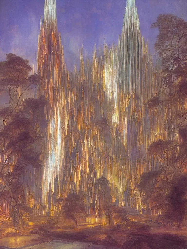 Prompt: The Cathedral of Light, by Frank Lloyd Wright and Thomas Moran