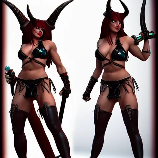 Prompt: a female muscular devil with horns, wearing leather bikini, holding trident, 8 k, high detail, fantasy art, dnd, artstation,