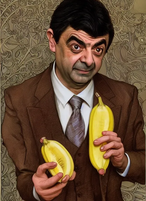 Image similar to Rowan Atkinson as cross eyed Mister Bean holding a banana, intricate, elegant, highly detailed, centered, digital painting, artstation, concept art, smooth, sharp focus, illustration, art by artgerm and donato giancola and alphonse mucha