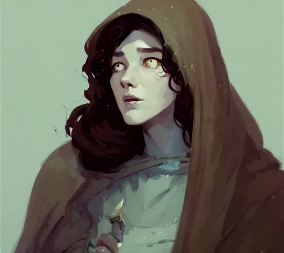 Prompt: portrait woman with long ginger curly hair, cloak with runes, by atey ghailan, by greg rutkowski, by greg tocchini, by james gilleard, by joe fenton, by kaethe butcher, by ashley wood, dynamic lighting, gradient light blue, brown, blonde cream and white color scheme, grunge aesthetic