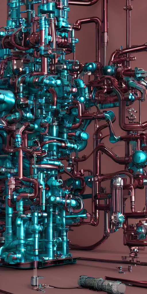 Prompt: an industrial Machine that turnes water into wine, highly detailed complex machinery, electrical engineering, mechanical engineering, machines, intrinsic details. photorealistic illustration. octane render 4k. dark teal and magenta