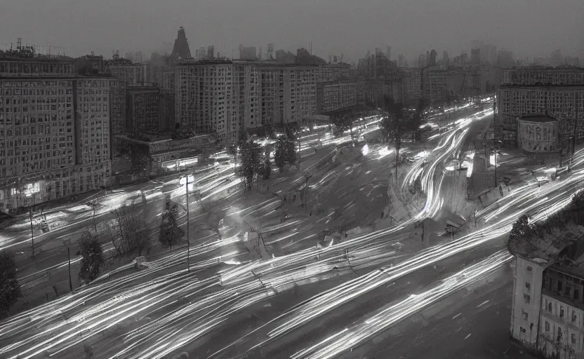 Prompt: high quality 2000s historic footage of soviet boulevard with stanilist style high rise and pedestrians, aerial photo night vision, Cinestill 800t 18mm, heavy grainy picture, very detailed, high quality, 4k panoramic, billboards and streetlight at night, rain, mud, foggy