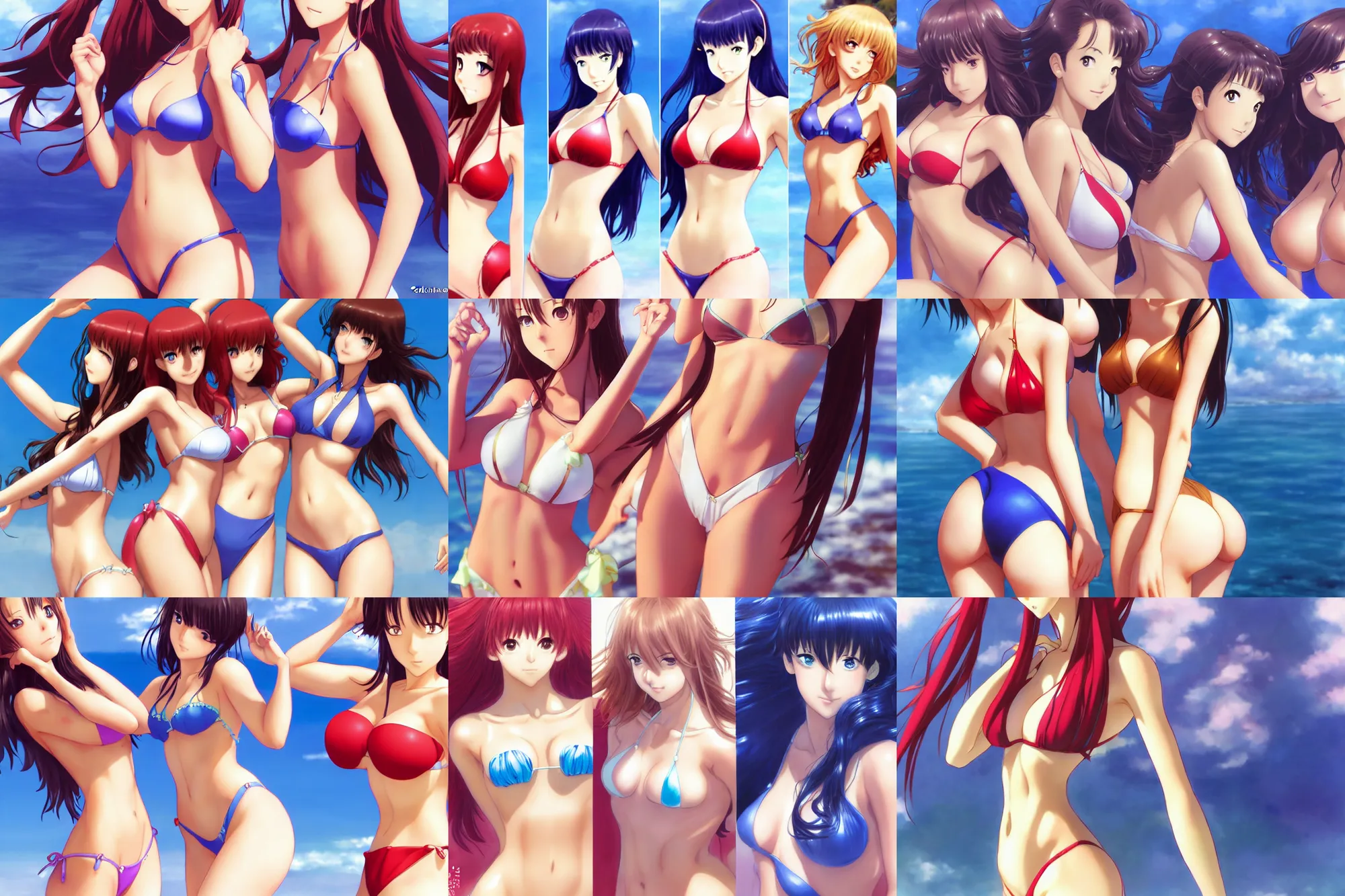 Image similar to close - up princesses posing together in bikini. by takashi takeuchi, yoshiyuki sadamoto, amagaitaro, makoto shinkai, krenz cushart, asao urata, pixiv